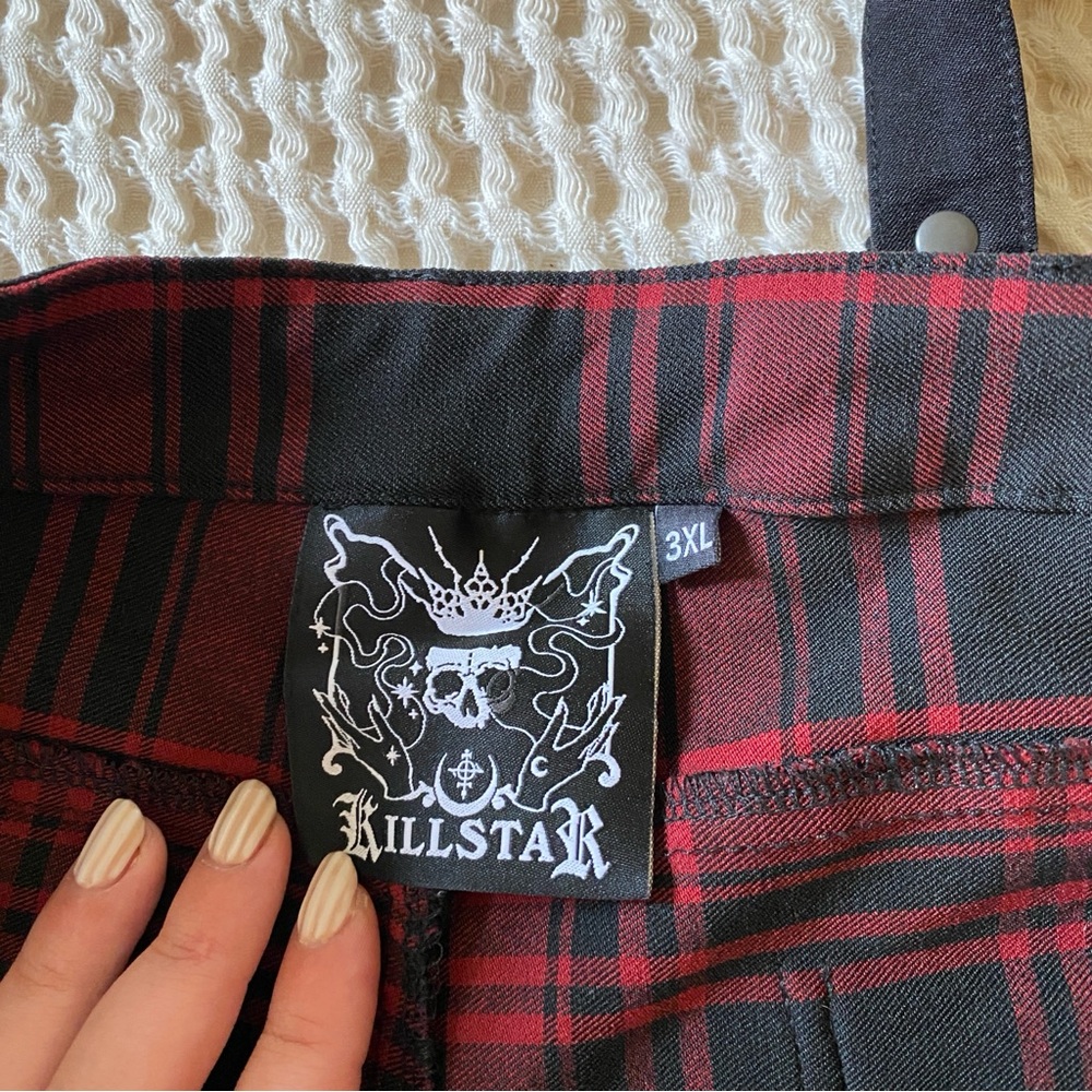 Killstar Women’s Tartanarchist Crimson and Black Trousers with suspenders - Picture 2 of 4
